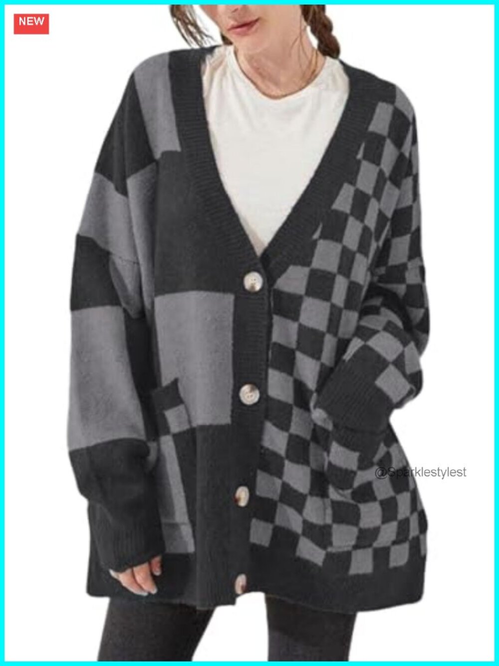 Womens Checkered Oversized Button Down Cardigan Sweater Knit Coat